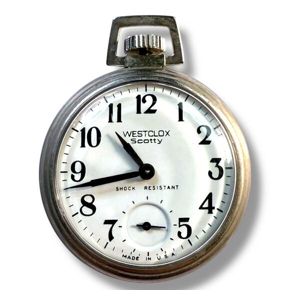 VTG Westclox Scotty Pocket Watch Stainless Steel Enamel Dial Sub Seconds WORKS - Picture 1 of 7